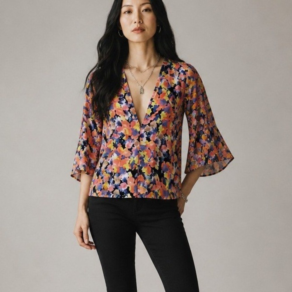Chris Benz 100% Silk Floral V-Neck Blouse Bell Sleeve Tie Back Multicolor Size 8